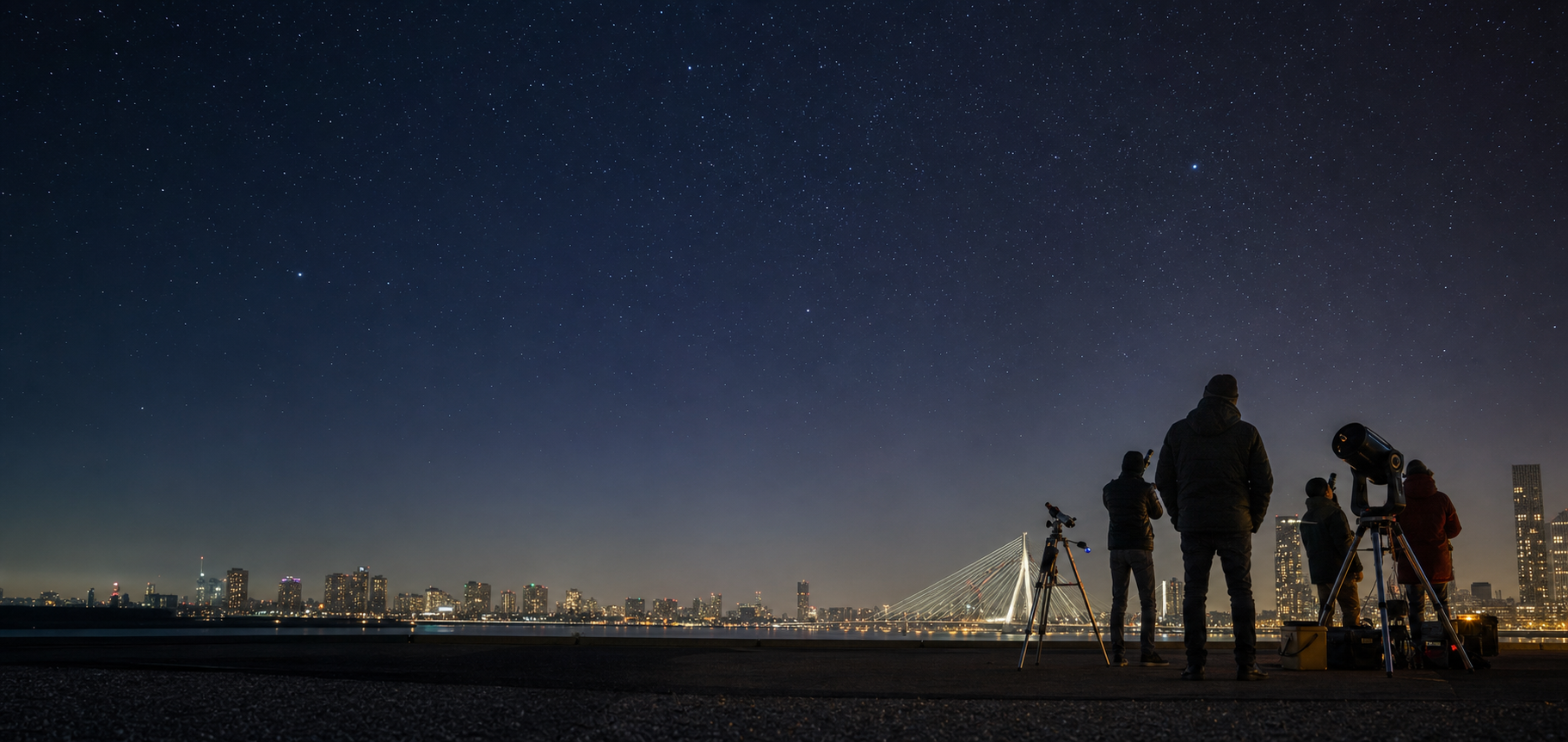 Sterrenkijkers met telescopen bij de skyline van Rotterdam